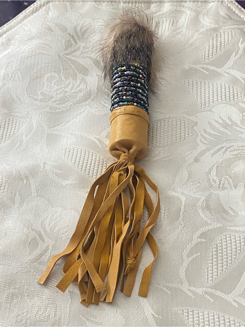 Talking Stick Ceremonial Leather Wrapped Feather Top Beaded & Suede Fringe End